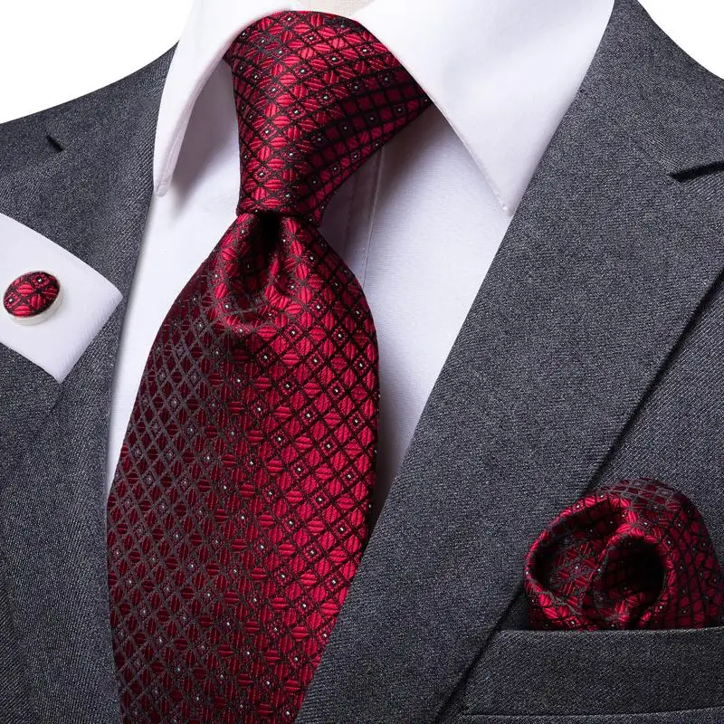 Hi-Tie Designer Red Burgundy Plaid Wedding Tie For Men Handky Cufflink Gift Mens Necktie Fashion Business Party silk Dropshiping