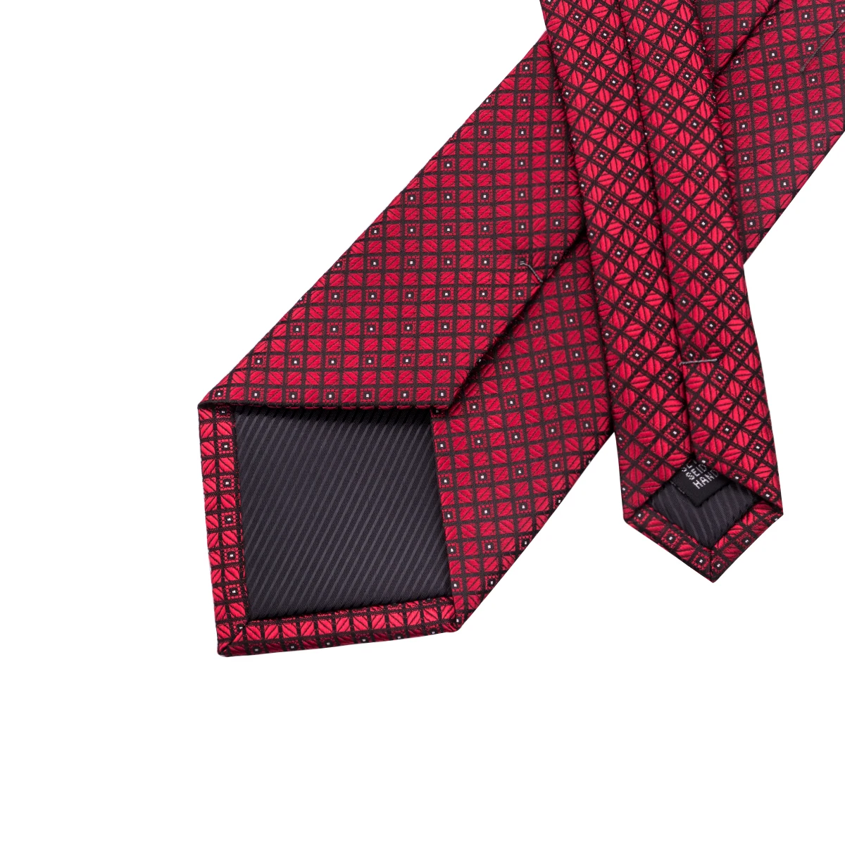 Hi-Tie Designer Red Burgundy Plaid Wedding Tie For Men Handky Cufflink Gift Mens Necktie Fashion Business Party silk Dropshiping