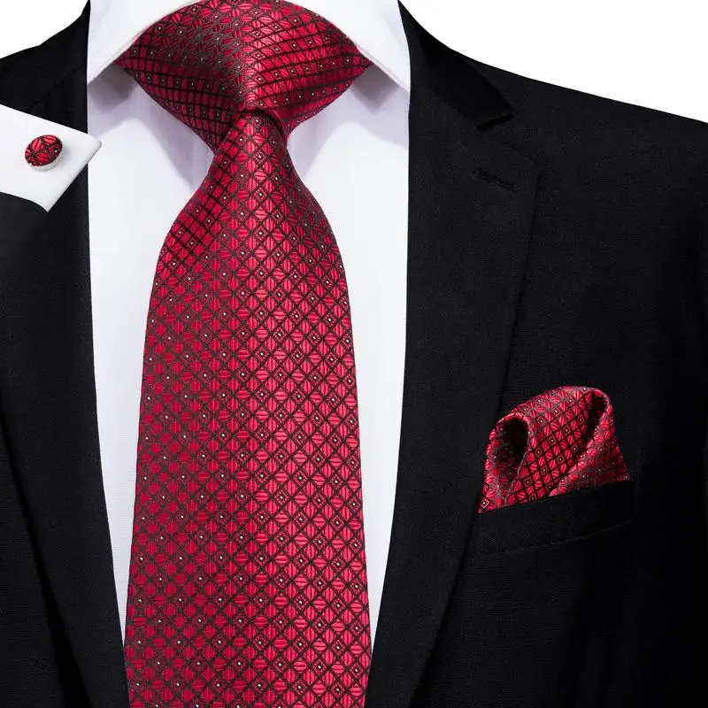 Hi-Tie Designer Red Burgundy Plaid Wedding Tie For Men Handky Cufflink Gift Mens Necktie Fashion Business Party silk Dropshiping