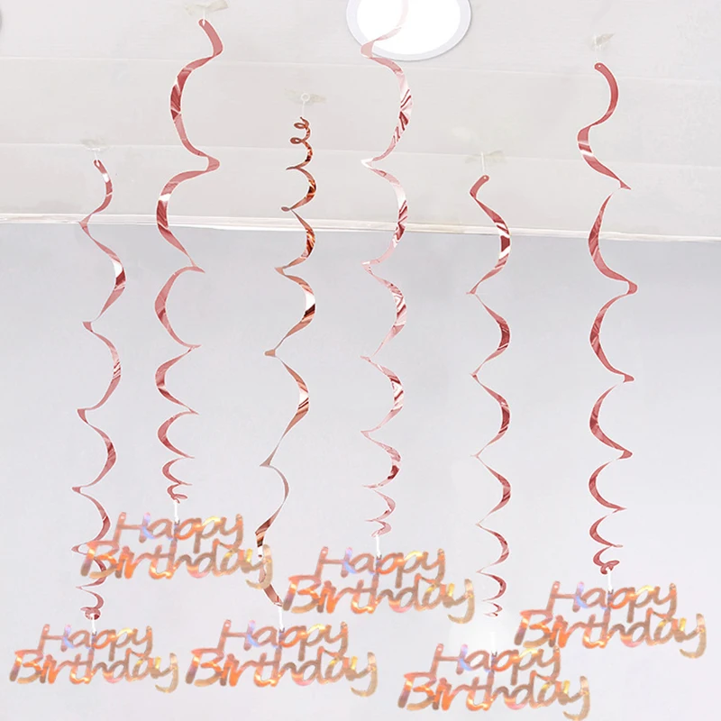 6Pcs/lot Happy Birthday Swirls Decoration 16 20 21 30 40 50 60 70 Years Rose Gold PVC Birthday Party Decorations Supplies