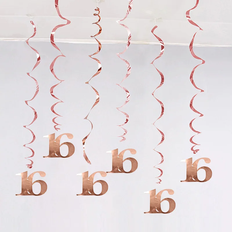 6Pcs/lot Happy Birthday Swirls Decoration 16 20 21 30 40 50 60 70 Years Rose Gold PVC Birthday Party Decorations Supplies