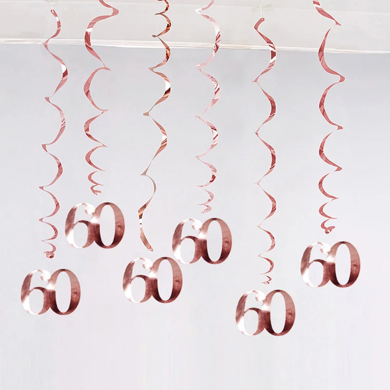 6Pcs/lot Happy Birthday Swirls Decoration 16 20 21 30 40 50 60 70 Years Rose Gold PVC Birthday Party Decorations Supplies