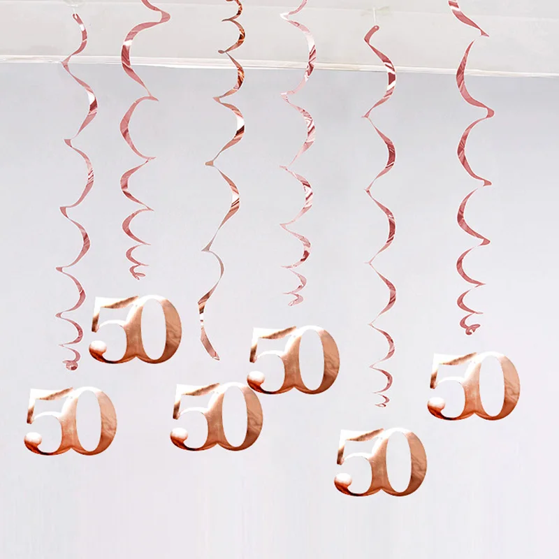 6Pcs/lot Happy Birthday Swirls Decoration 16 20 21 30 40 50 60 70 Years Rose Gold PVC Birthday Party Decorations Supplies