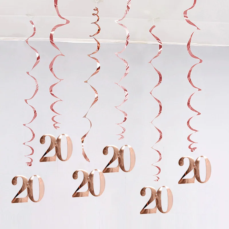 6Pcs/lot Happy Birthday Swirls Decoration 16 20 21 30 40 50 60 70 Years Rose Gold PVC Birthday Party Decorations Supplies