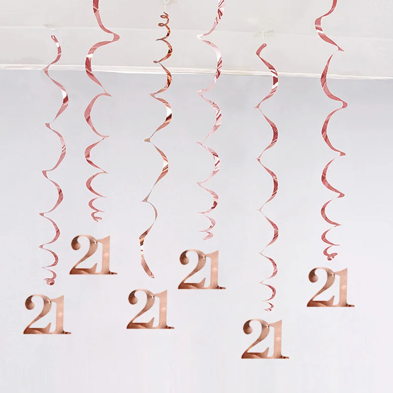 6Pcs/lot Happy Birthday Swirls Decoration 16 20 21 30 40 50 60 70 Years Rose Gold PVC Birthday Party Decorations Supplies