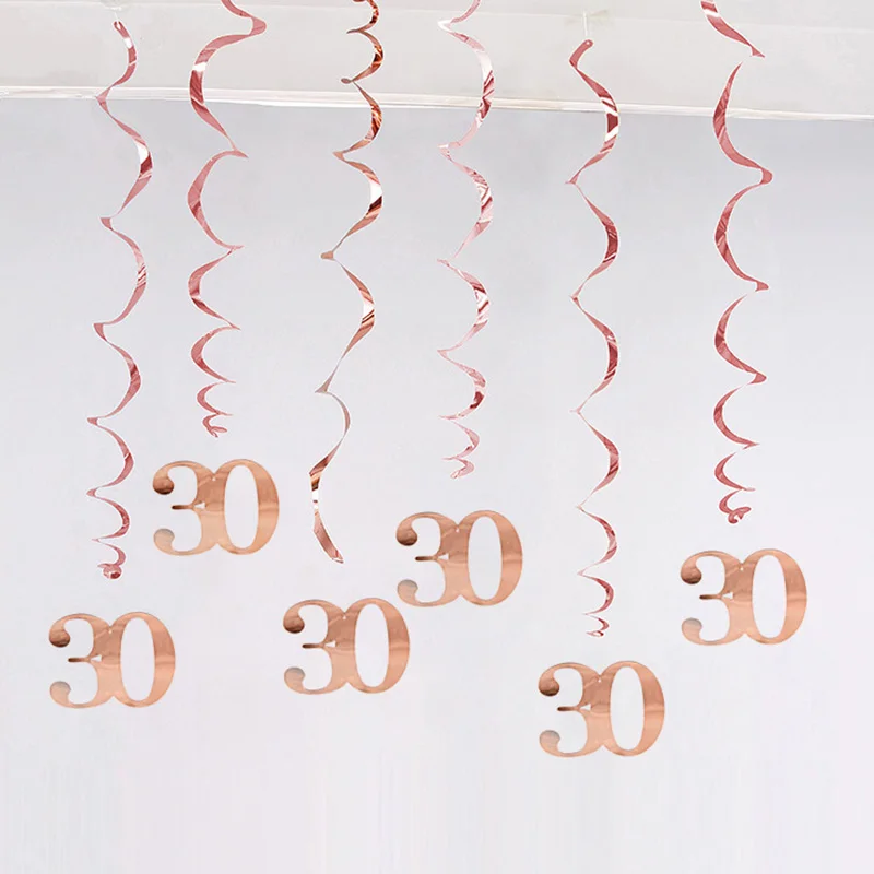 6Pcs/lot Happy Birthday Swirls Decoration 16 20 21 30 40 50 60 70 Years Rose Gold PVC Birthday Party Decorations Supplies