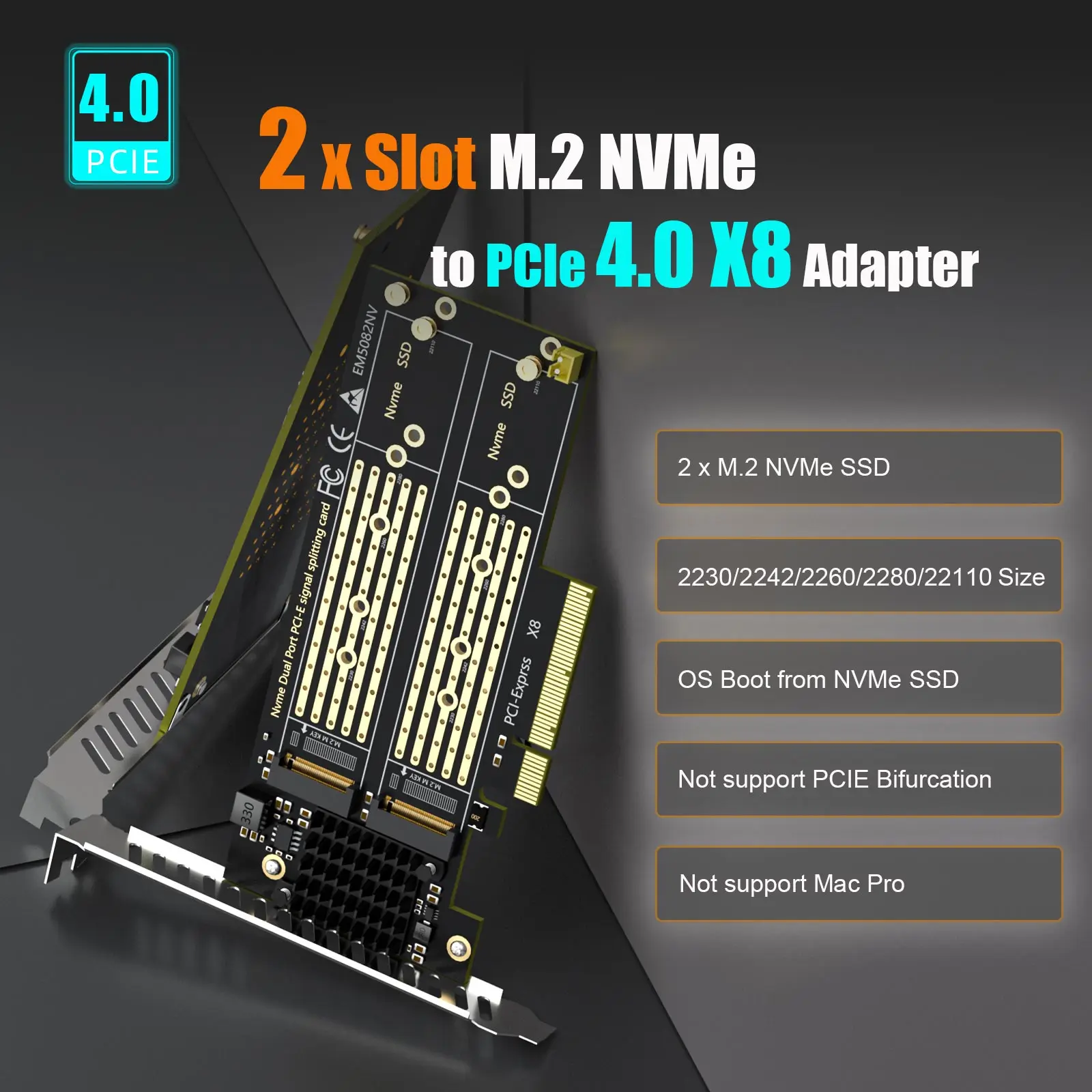 2-slot M.2 PCIe Adapter for 2 M.2 NVMe SSD, Software M.2 SSD RAID, No PCIe Bifurcation