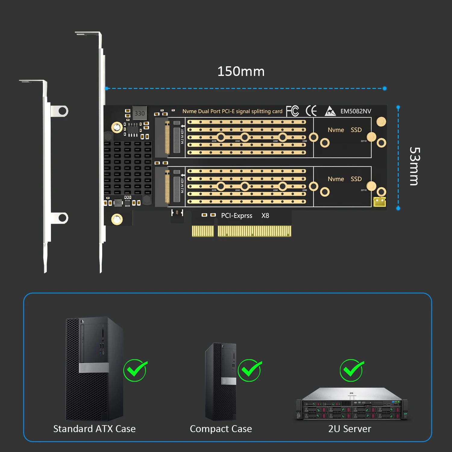2-slot M.2 PCIe Adapter for 2 M.2 NVMe SSD, Software M.2 SSD RAID, No PCIe Bifurcation