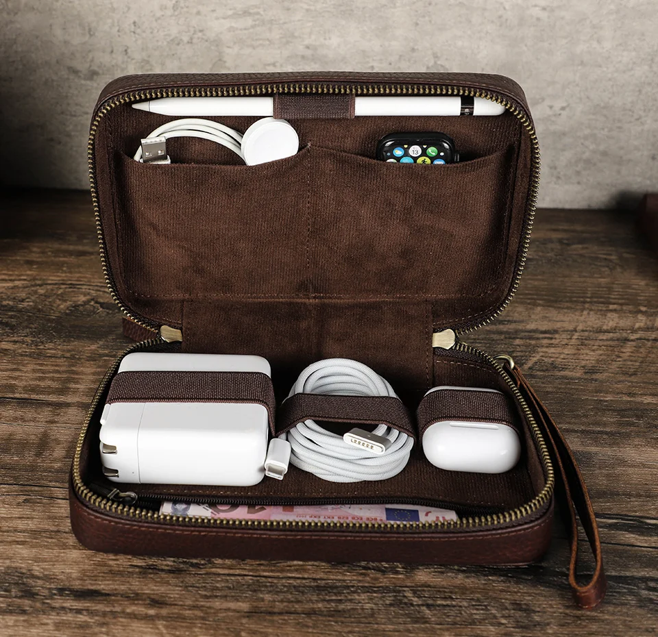 Genuine Leather Portable USB Data Cable Storage Bag Earphone Case Electronic Accessories Gadgets Digital Organizer Box Pouch