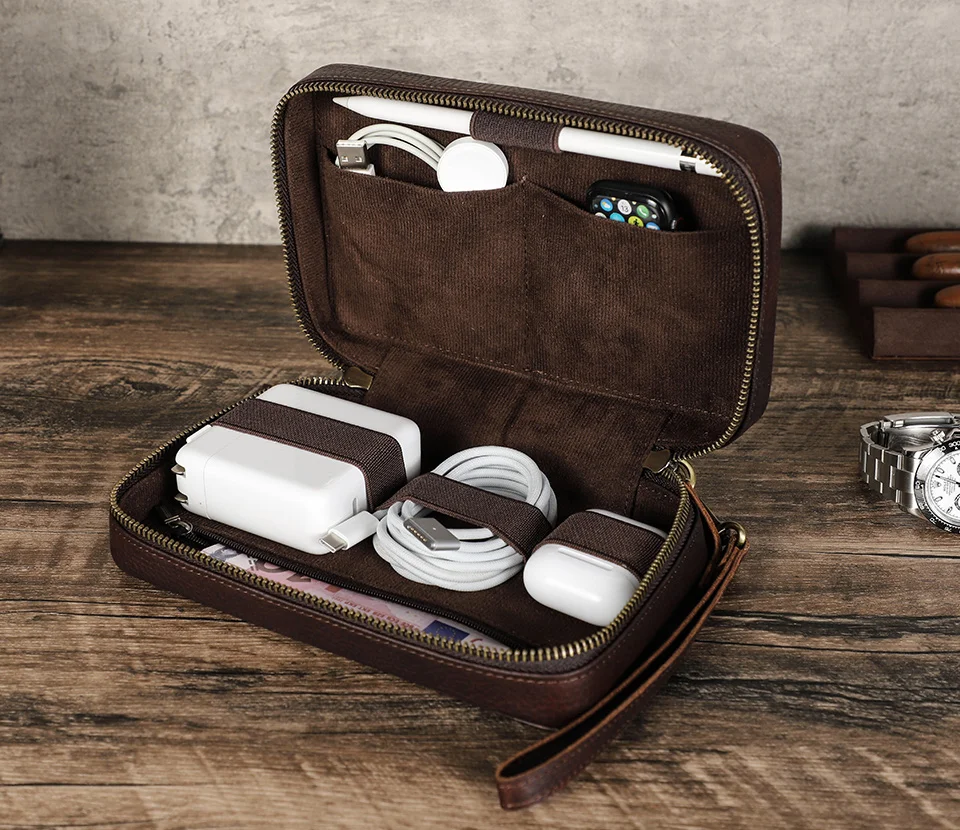 Genuine Leather Portable USB Data Cable Storage Bag Earphone Case Electronic Accessories Gadgets Digital Organizer Box Pouch