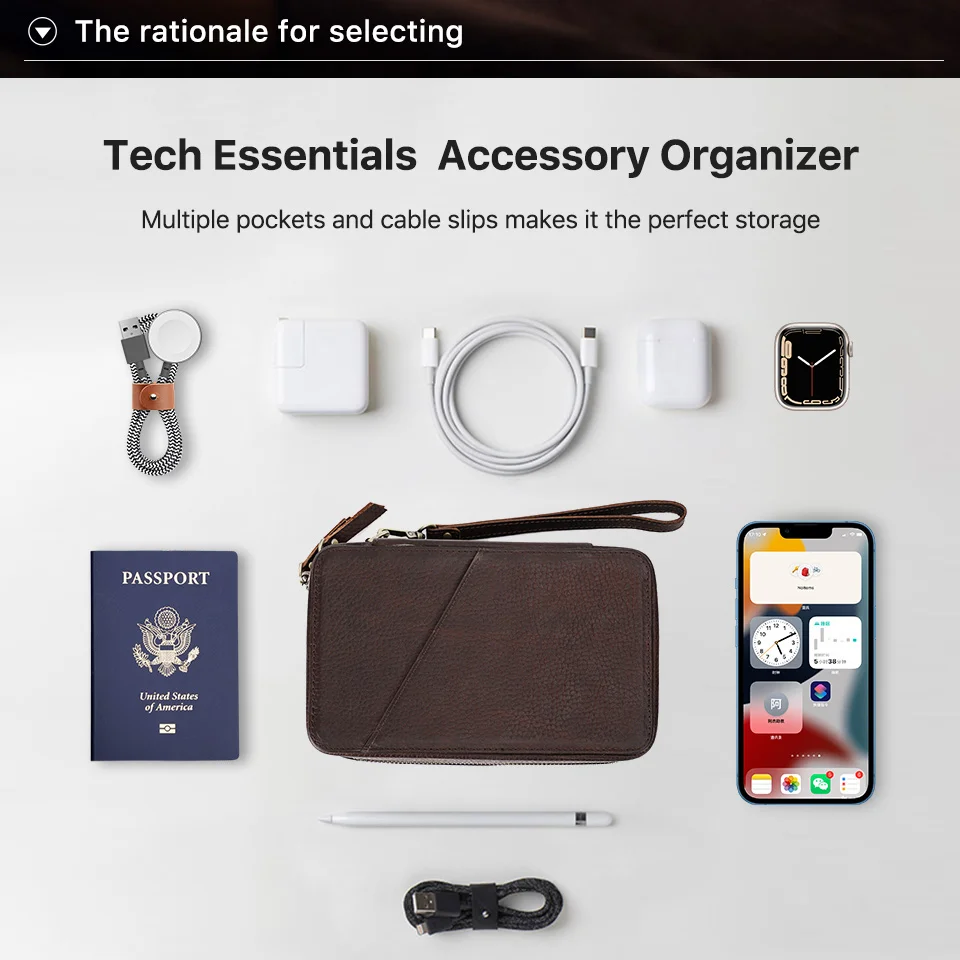 Genuine Leather Portable USB Data Cable Storage Bag Earphone Case Electronic Accessories Gadgets Digital Organizer Box Pouch