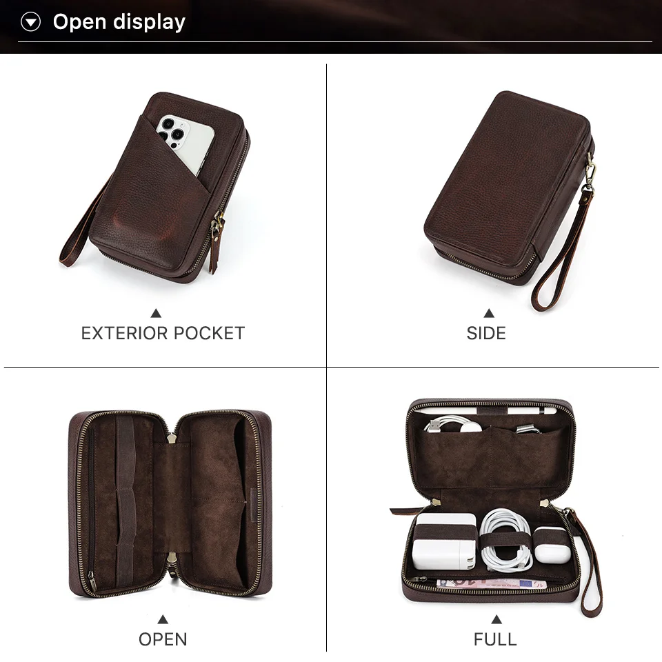 Genuine Leather Portable USB Data Cable Storage Bag Earphone Case Electronic Accessories Gadgets Digital Organizer Box Pouch