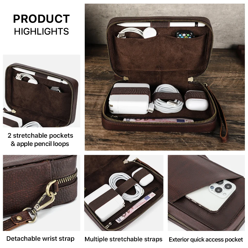 Genuine Leather Portable USB Data Cable Storage Bag Earphone Case Electronic Accessories Gadgets Digital Organizer Box Pouch