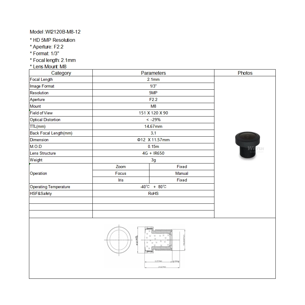 Witrue 2.1mm M8 Lens 1/3 Inch 5MP F2.2 151 Degree with 650nm IR Filter Lenses for CCTV Security Camera Wide Angle 151 Degree