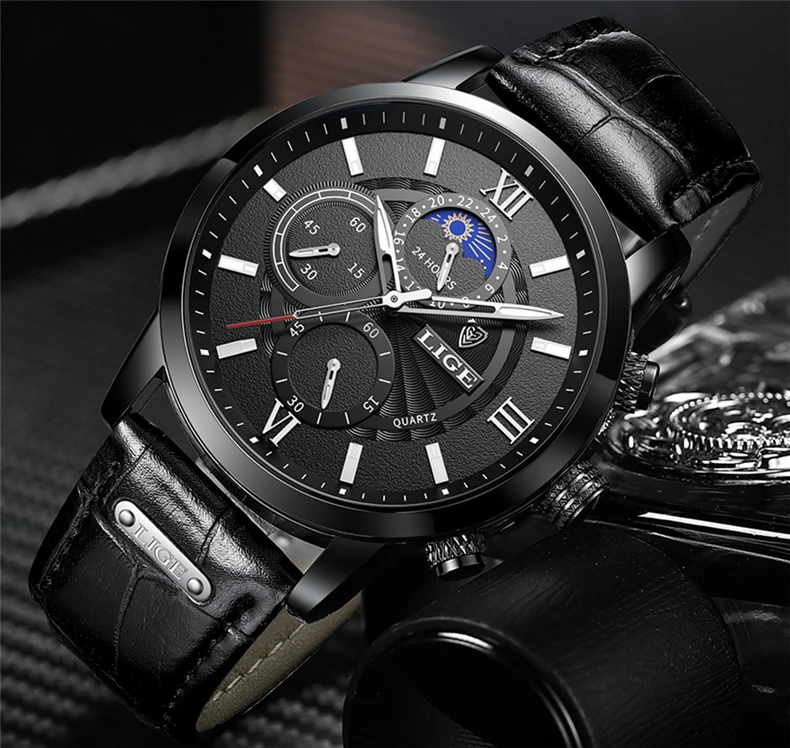 2025 New Mens Watches LIGE Top Brand Luxury Leather Casual Quartz Watch Men's Sport Waterproof Clock Watch Relogio Masculino+Box