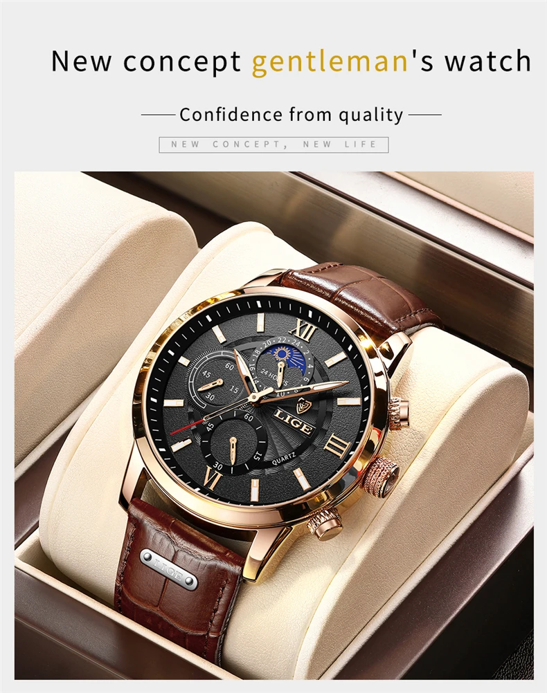 2025 New Mens Watches LIGE Top Brand Luxury Leather Casual Quartz Watch Men's Sport Waterproof Clock Watch Relogio Masculino+Box