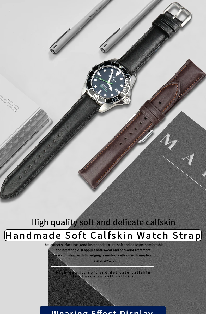 MAIKES Hot Sale 1pc Fashion Men Women 18mm 20mm 22mm 24mm Cowhide Leather Strap Black Business Watch Band Universal