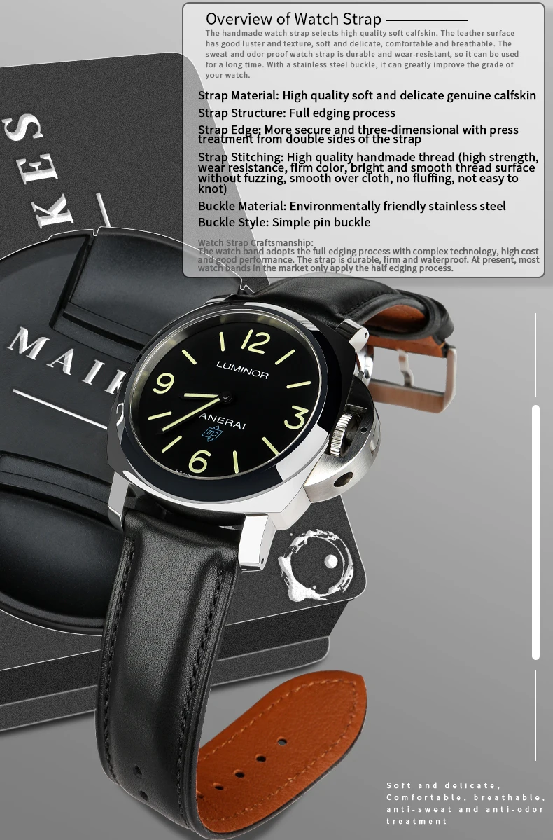 MAIKES Hot Sale 1pc Fashion Men Women 18mm 20mm 22mm 24mm Cowhide Leather Strap Black Business Watch Band Universal