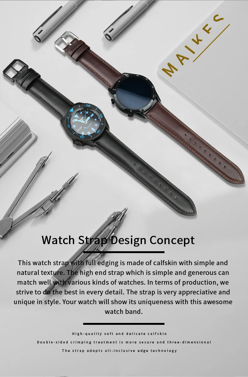 MAIKES Hot Sale 1pc Fashion Men Women 18mm 20mm 22mm 24mm Cowhide Leather Strap Black Business Watch Band Universal