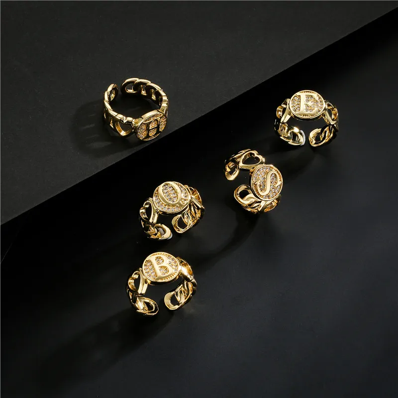 Hollow A-Z Letter Gold Color Metal Adjustable Opening Ring Initials Name Alphabet Female Party Chunky Wide Trendy Jewelry