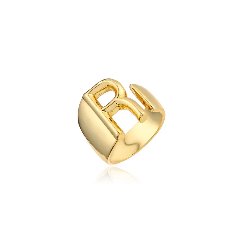 Hollow A-Z Letter Gold Color Metal Adjustable Opening Ring Initials Name Alphabet Female Party Chunky Wide Trendy Jewelry