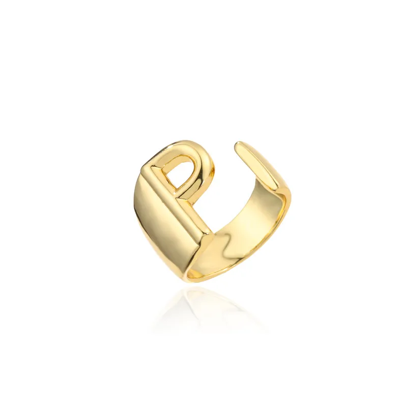 Hollow A-Z Letter Gold Color Metal Adjustable Opening Ring Initials Name Alphabet Female Party Chunky Wide Trendy Jewelry