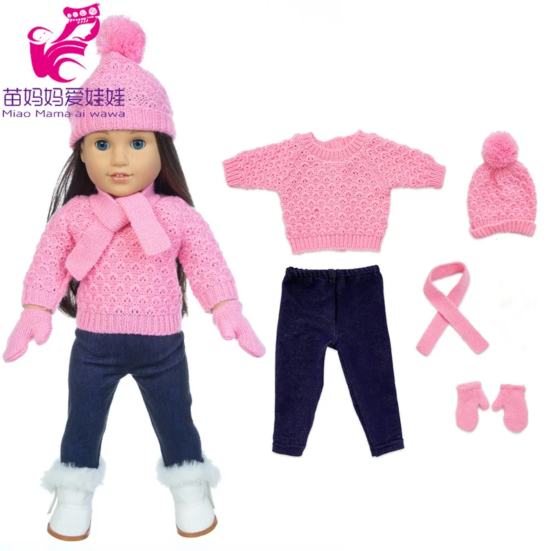 18 Inch Baby Doll Winter Clothes Set Crochet Sweater Scarf Hat Gloves New Year Apparel for 43 Cm Girl Dolls