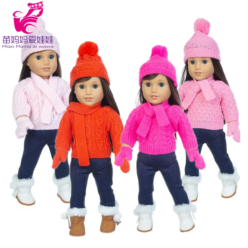 18 Inch Baby Doll Winter Clothes Set Crochet Sweater Scarf Hat Gloves New Year Apparel for 43 Cm Girl Dolls