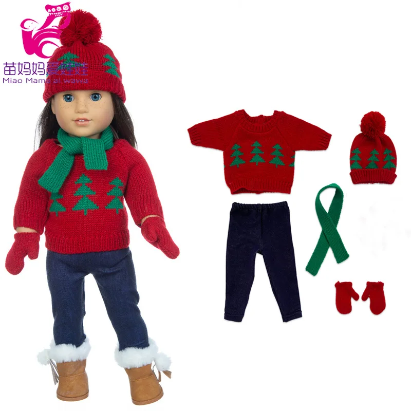 18 Inch Baby Doll Winter Clothes Set Crochet Sweater Scarf Hat Gloves New Year Apparel for 43 Cm Girl Dolls