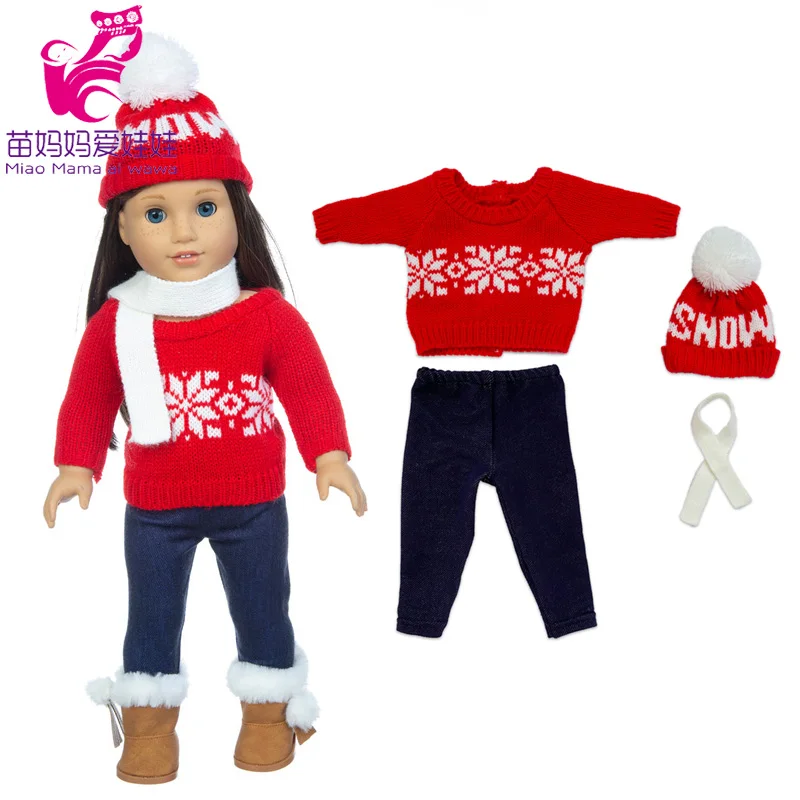 18 Inch Baby Doll Winter Clothes Set Crochet Sweater Scarf Hat Gloves New Year Apparel for 43 Cm Girl Dolls