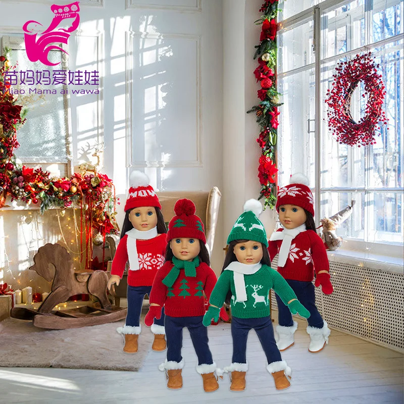 18 Inch Baby Doll Winter Clothes Set Crochet Sweater Scarf Hat Gloves New Year Apparel for 43 Cm Girl Dolls