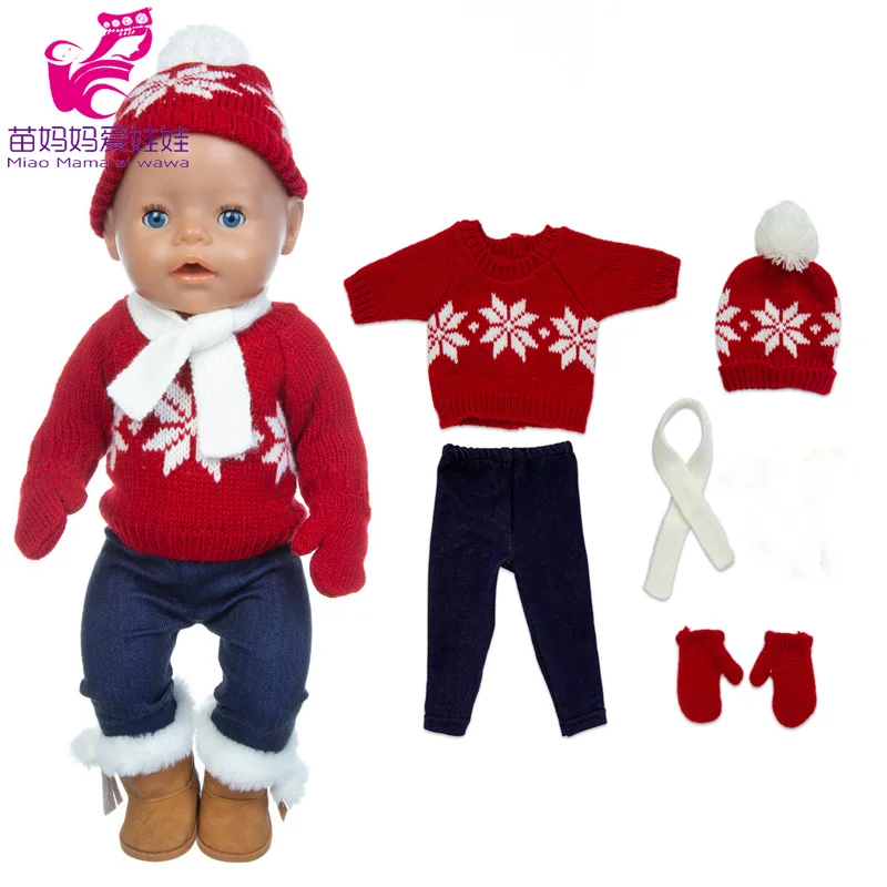 18 Inch Baby Doll Winter Clothes Set Crochet Sweater Scarf Hat Gloves New Year Apparel for 43 Cm Girl Dolls