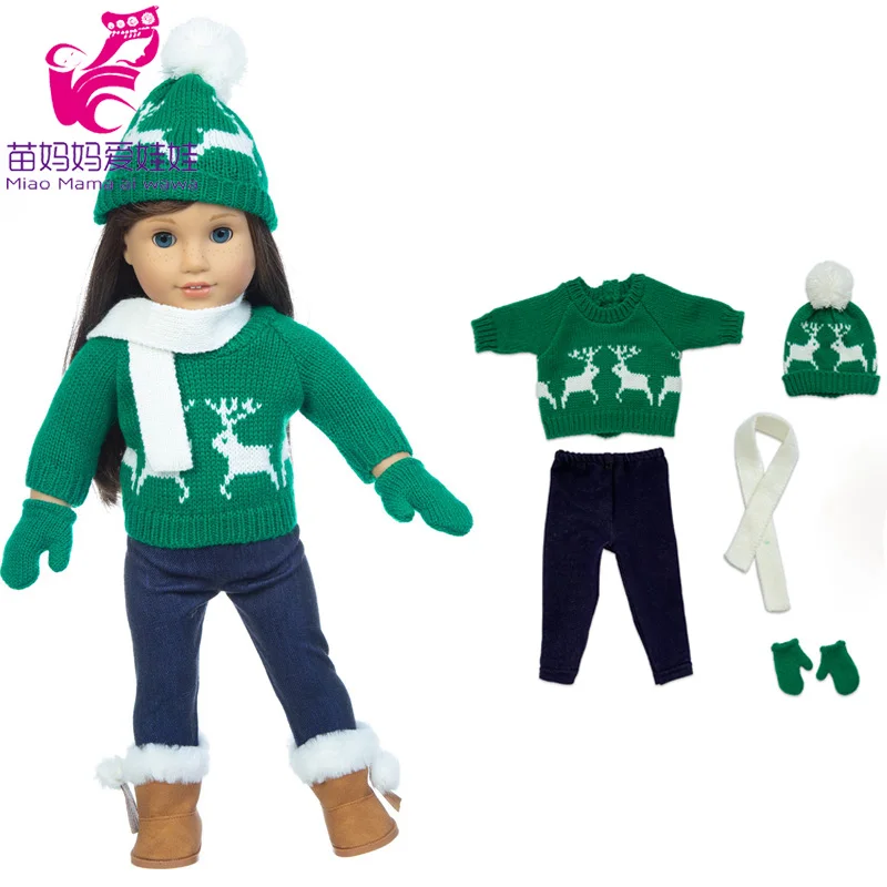 18 Inch Baby Doll Winter Clothes Set Crochet Sweater Scarf Hat Gloves New Year Apparel for 43 Cm Girl Dolls