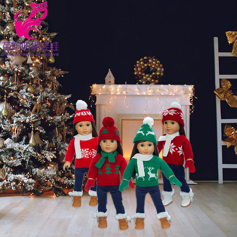 18 Inch Baby Doll Winter Clothes Set Crochet Sweater Scarf Hat Gloves New Year Apparel for 43 Cm Girl Dolls