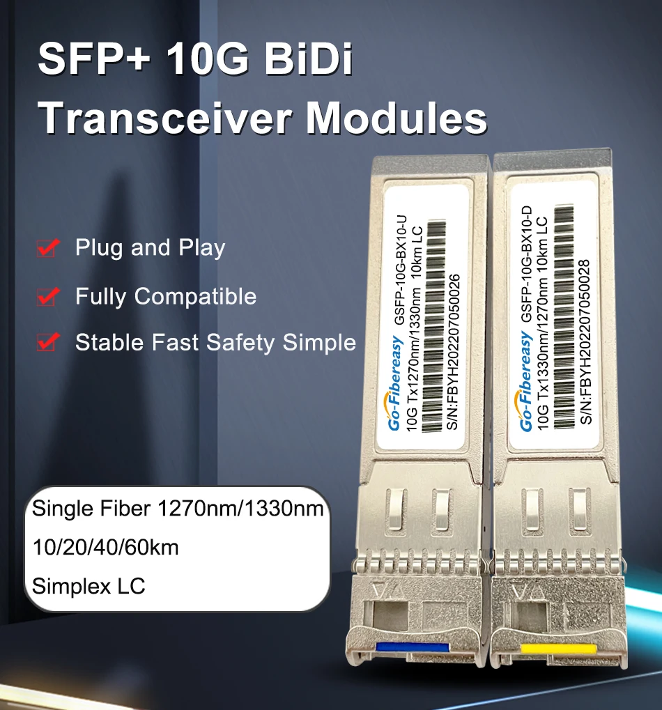 10Gb BiDi SFP Transceiver Module 10km,20km/40km/60km 10Gbase-BX T1270/R1330nm LC WDM Optical Module For Mikrotik/Huawei Switch