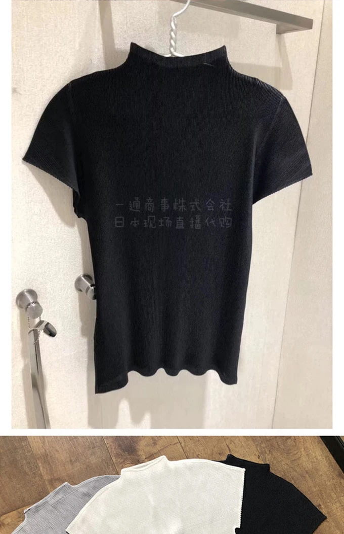Miyake Pleated Half High Neck Profile Black T-shirts Women 2026 Summer Korean Fashion Causal Tops Designer Aesthetic Clothing