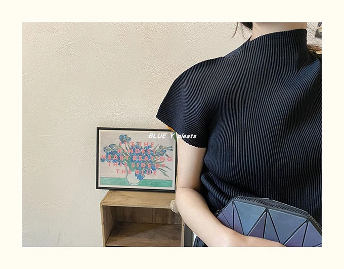 Miyake Pleated Half High Neck Profile Black T-shirts Women 2026 Summer Korean Fashion Causal Tops Designer Aesthetic Clothing