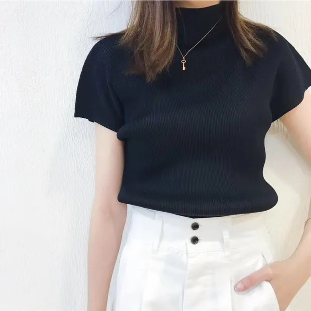 Miyake Pleated Half High Neck Profile Black T-shirts Women 2026 Summer Korean Fashion Causal Tops Designer Aesthetic Clothing