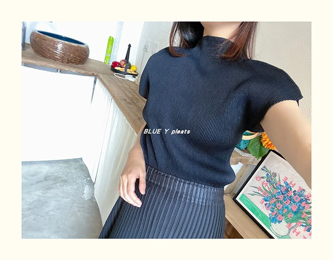 Miyake Pleated Half High Neck Profile Black T-shirts Women 2026 Summer Korean Fashion Causal Tops Designer Aesthetic Clothing