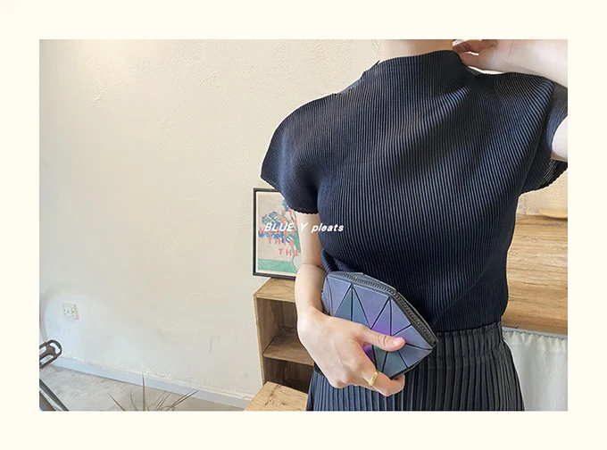 Miyake Pleated Half High Neck Profile Black T-shirts Women 2026 Summer Korean Fashion Causal Tops Designer Aesthetic Clothing