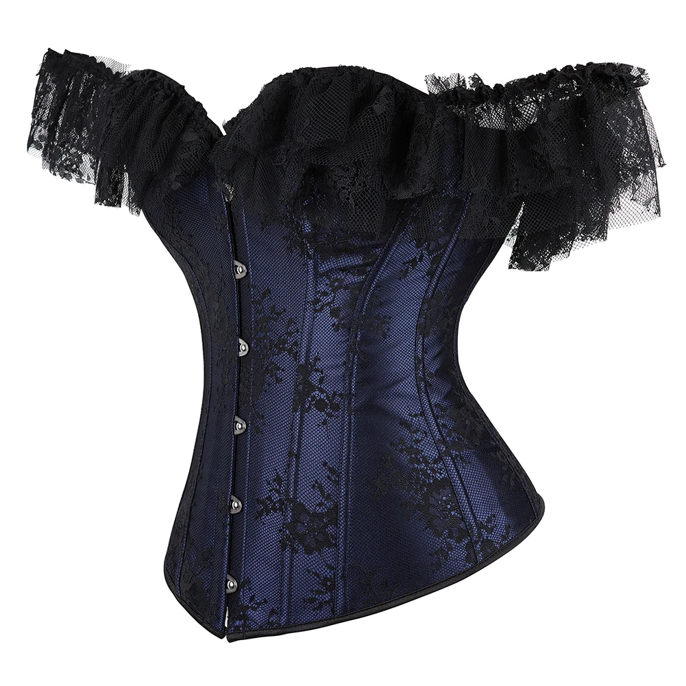 Lace Sleeves Off Shoulder Floral Overbust Corset Princess Elegant Corsets Victorian Women Sexy Bustier Showgirl Party Costume