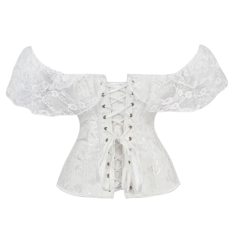 Lace Sleeves Off Shoulder Floral Overbust Corset Princess Elegant Corsets Victorian Women Sexy Bustier Showgirl Party Costume