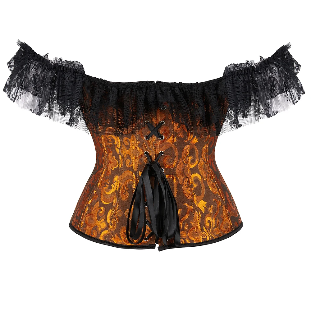 Lace Sleeves Off Shoulder Floral Overbust Corset Princess Elegant Corsets Victorian Women Sexy Bustier Showgirl Party Costume