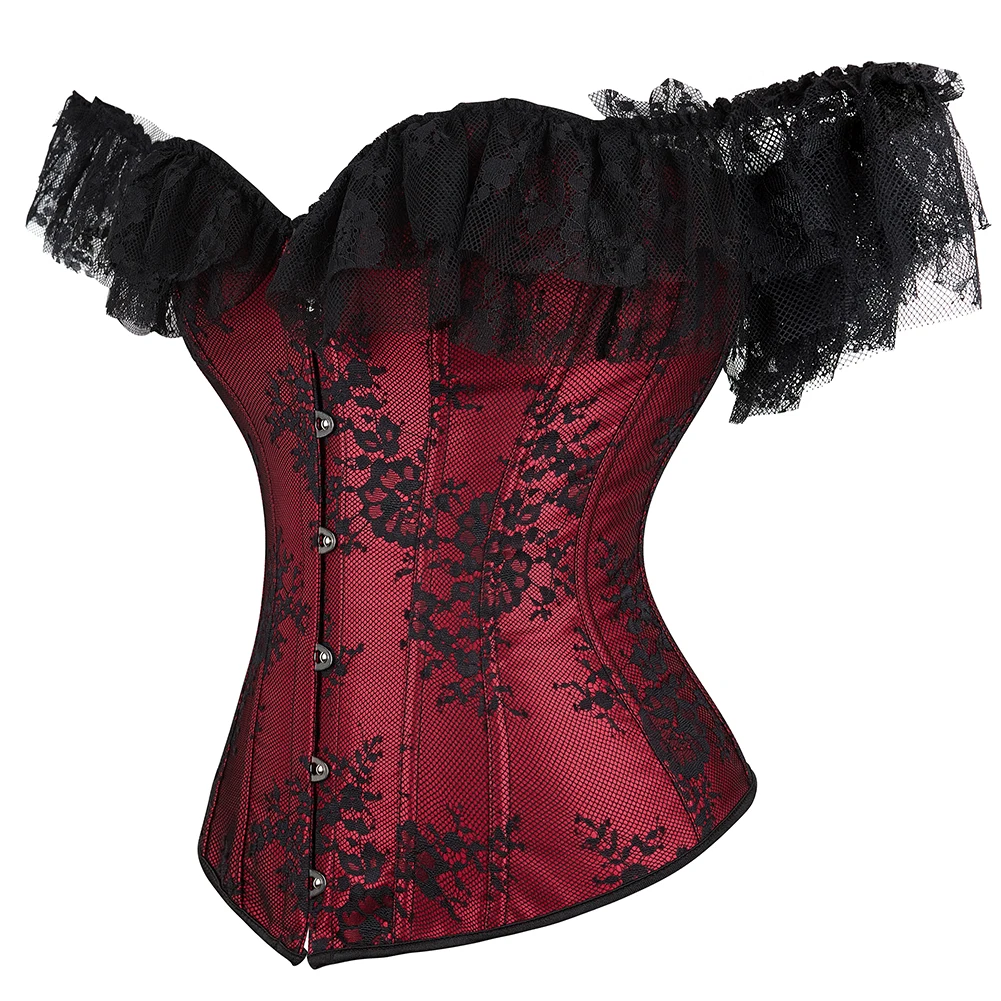 Lace Sleeves Off Shoulder Floral Overbust Corset Princess Elegant Corsets Victorian Women Sexy Bustier Showgirl Party Costume