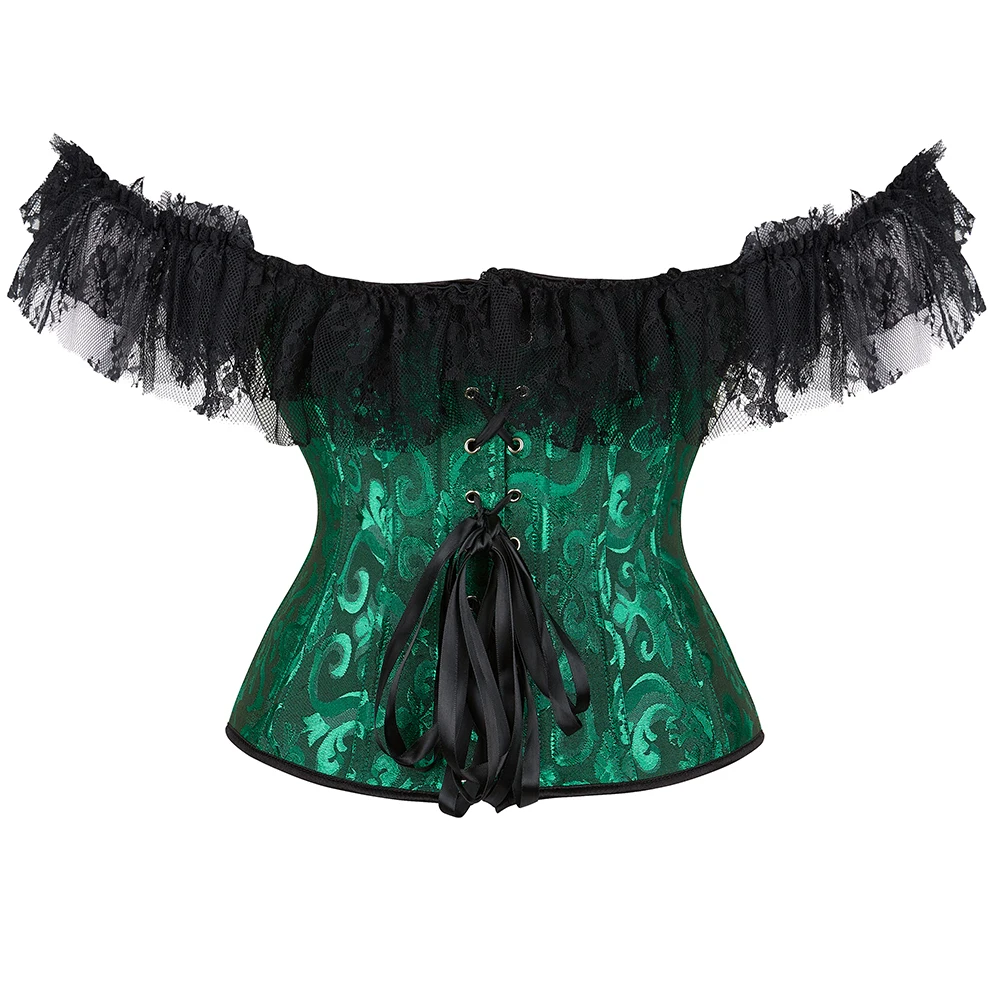Lace Sleeves Off Shoulder Floral Overbust Corset Princess Elegant Corsets Victorian Women Sexy Bustier Showgirl Party Costume