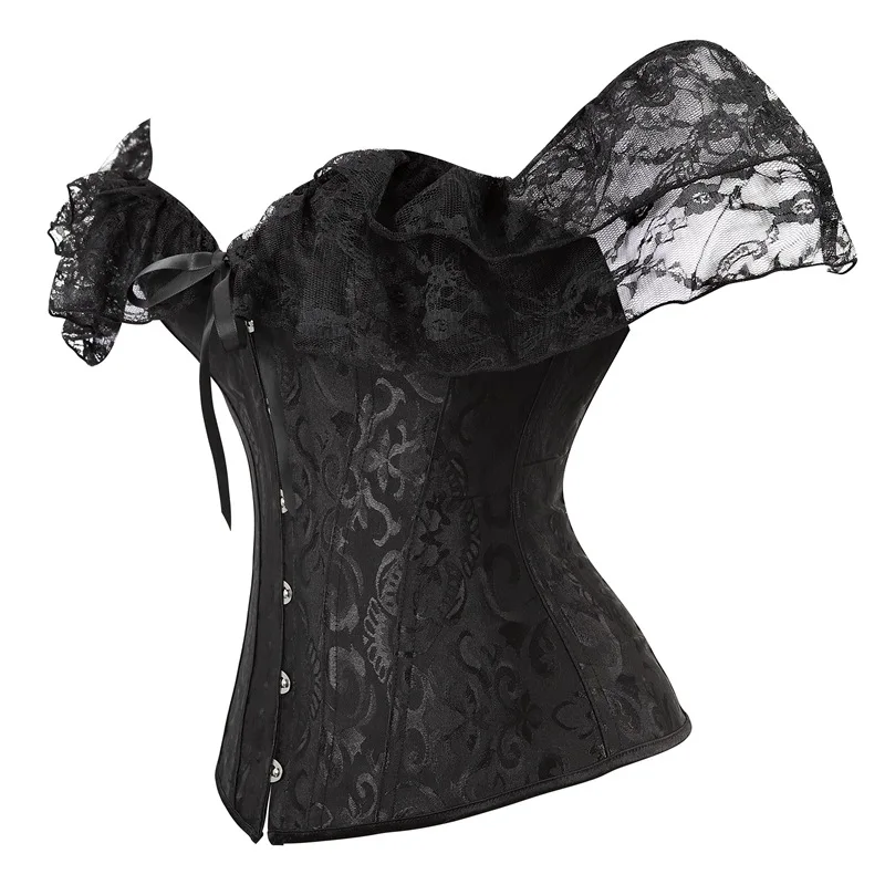 Lace Sleeves Off Shoulder Floral Overbust Corset Princess Elegant Corsets Victorian Women Sexy Bustier Showgirl Party Costume