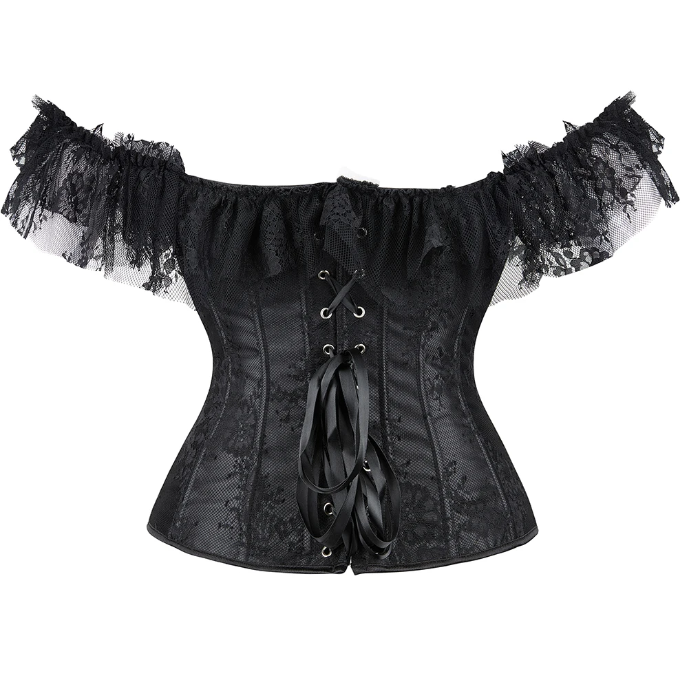 Lace Sleeves Off Shoulder Floral Overbust Corset Princess Elegant Corsets Victorian Women Sexy Bustier Showgirl Party Costume