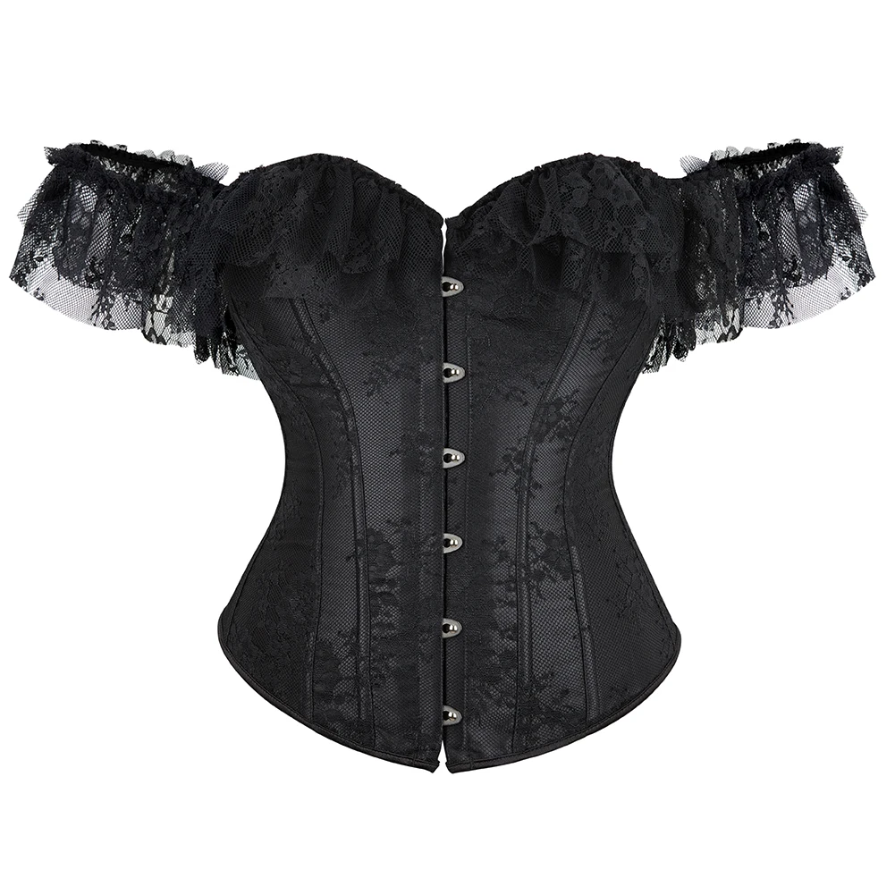 Lace Sleeves Off Shoulder Floral Overbust Corset Princess Elegant Corsets Victorian Women Sexy Bustier Showgirl Party Costume