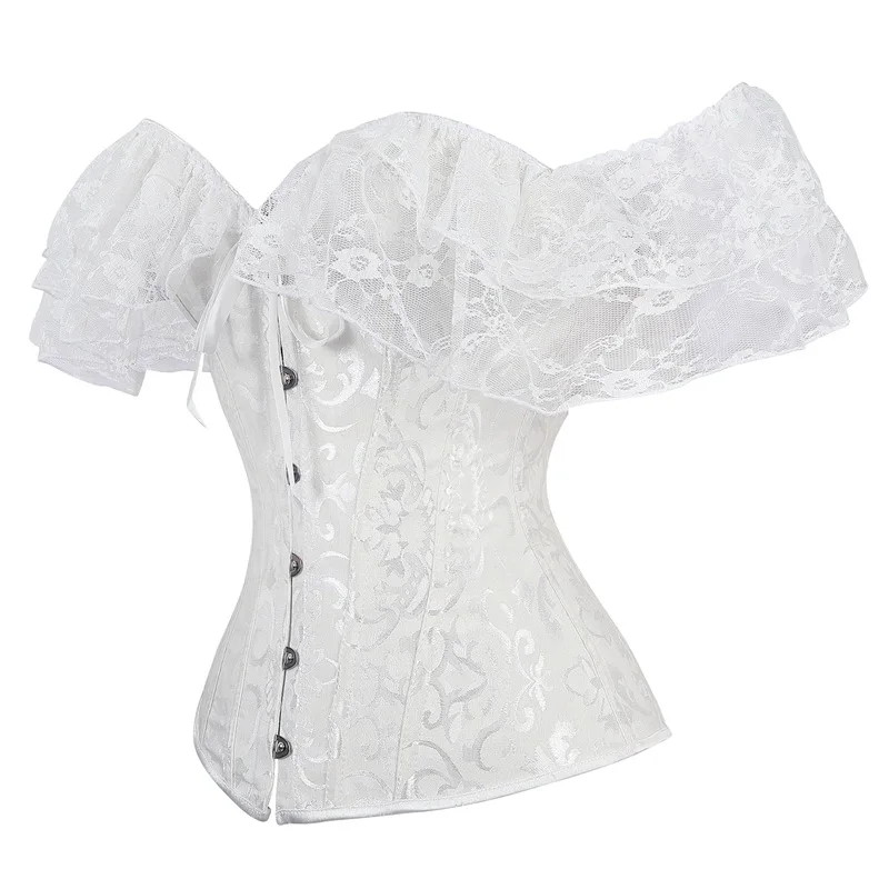 Lace Sleeves Off Shoulder Floral Overbust Corset Princess Elegant Corsets Victorian Women Sexy Bustier Showgirl Party Costume