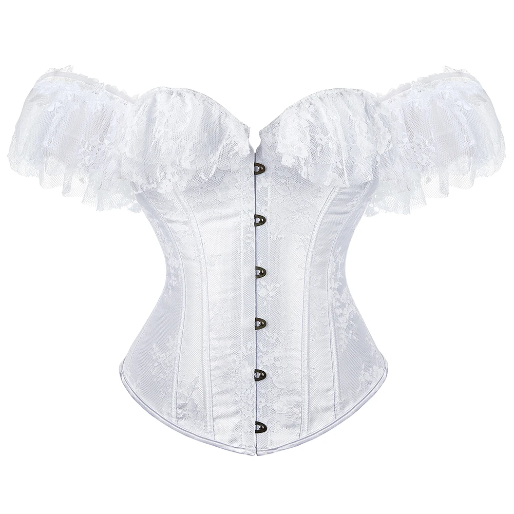 Lace Sleeves Off Shoulder Floral Overbust Corset Princess Elegant Corsets Victorian Women Sexy Bustier Showgirl Party Costume